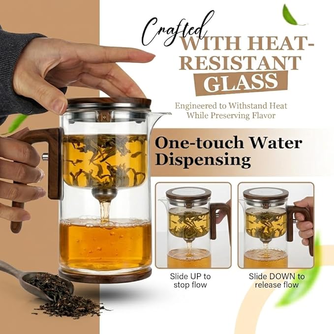 MIIKA Magic Glass Tea Pot with Infuser for Loose Tea – Bottom Dispense Stainless Steel Strainer, Borosilicate Glass, Elegant Tea Scoop, Protective Base and Drip-Free, Easy-to-Clean Design