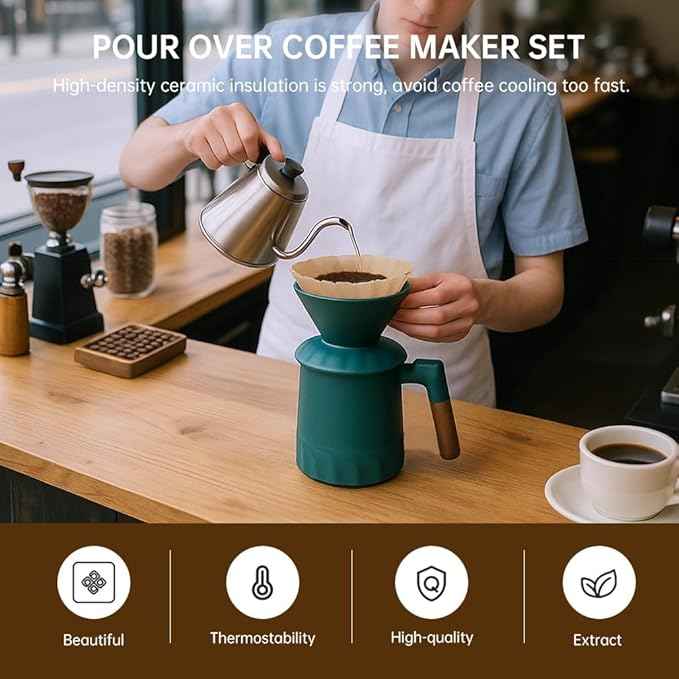 Pour Over Coffee Maker Set, Ceramic Pour Over Coffee Dripper 15.5oz/450 ml with 25 Pcs V60 Paper Filter, Coffee Pour Over Set for Camping, Green