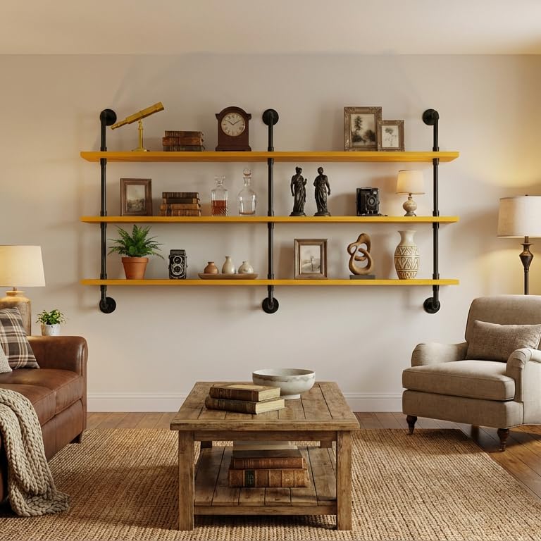 Floating Shelves for Wall Bookshelf Industrial Pipe Shelving Shelves Natural Wood Planks Rustic Wall Shelves Hanging Bookshelves Farmhouse Kitchen Shelving 60 inch