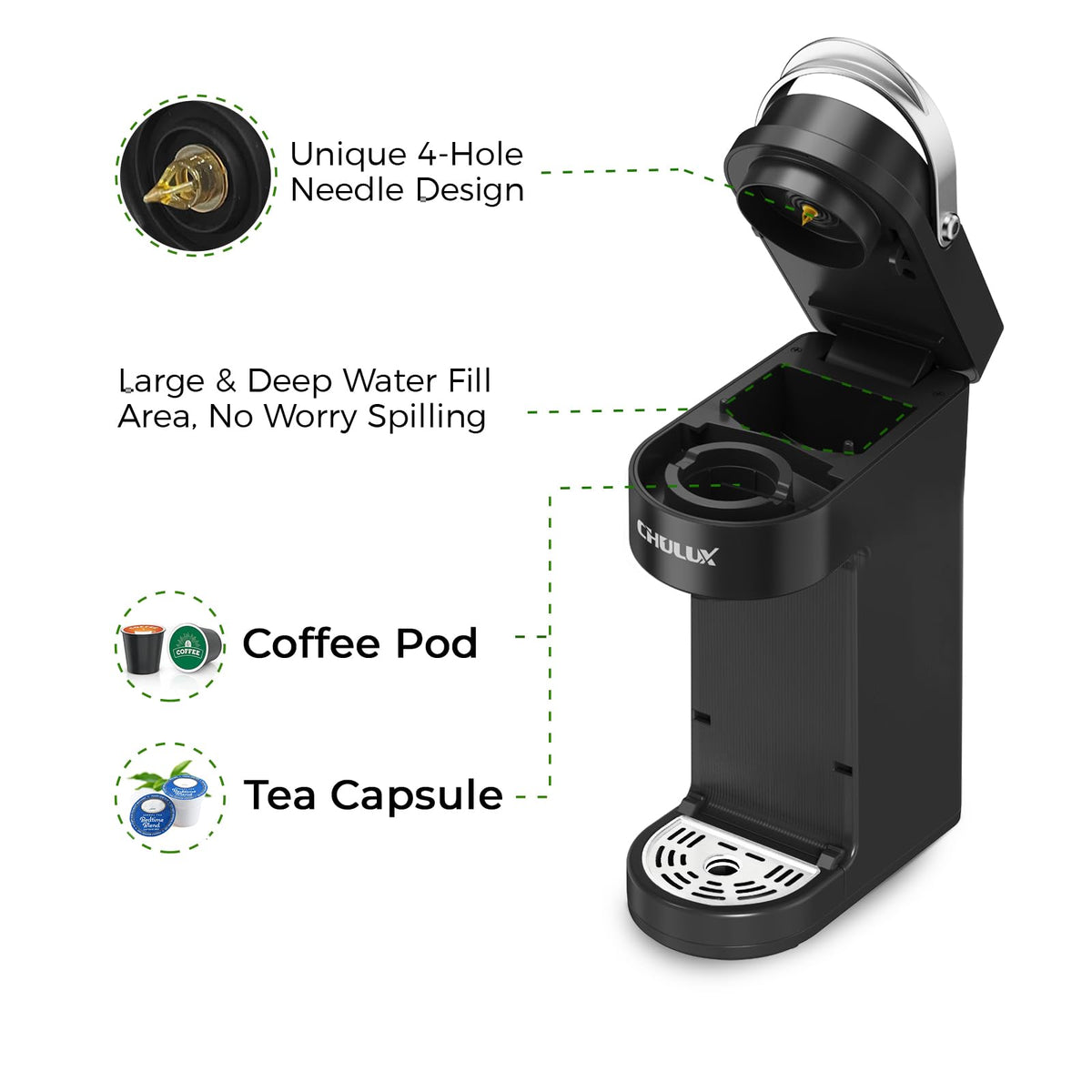 Pod coffee maker with adjustable drip tray