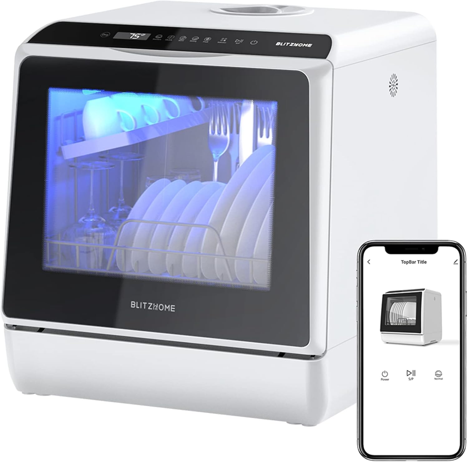 Portable Dishwasher Countertop, WIFI Smart Dishwasher, Compact Mini Dishwashers with 5L Built-in Water Tank, 6 Programs, 360° Dual Spray, High-Temp& Air-Dry Function, Fruit Cleaning - Blissbrew