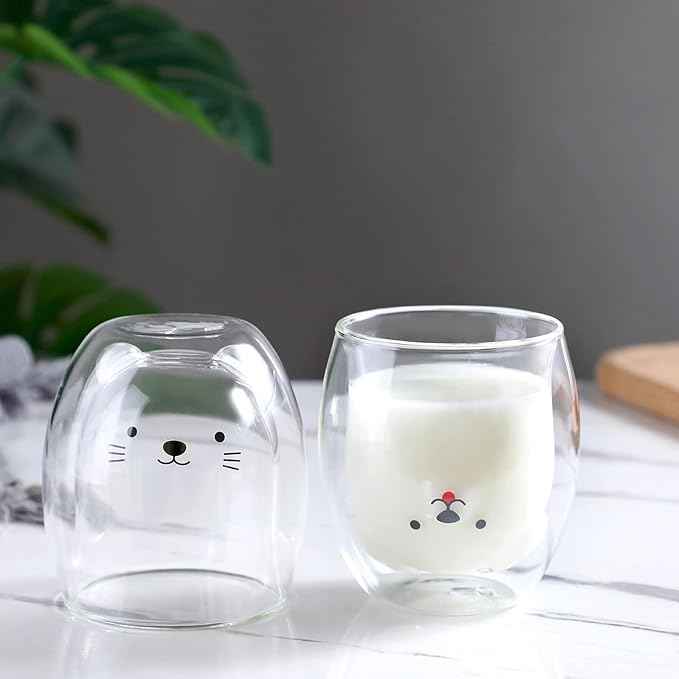 Cat Mug Cute Mugs Glass Double Wall Insulated Glass Espresso Cup, Kawaii Cup, Coffee Cup, Tea Cup, Milk Cup, Best gift for Office and Personal Birthday Christmas (Cat)