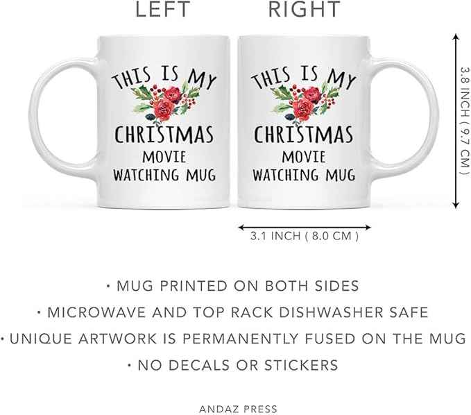 Andaz Press Christmas Winter Holiday 11oz. Coffee Mug, This is My Christmas Movie Watching Mug, Florals, 1-Pack, Cozy Christmas Hot Chocolate Cup Ideas for Him Her Coworker