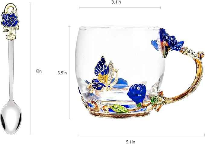 Tea Cup Gifts for Mom Women Mothers Day Glass Coffee Enamels Mug Birthday Butterfly Rose Gifts for Her Valentines Day Christmas Tea Cup with Spoon