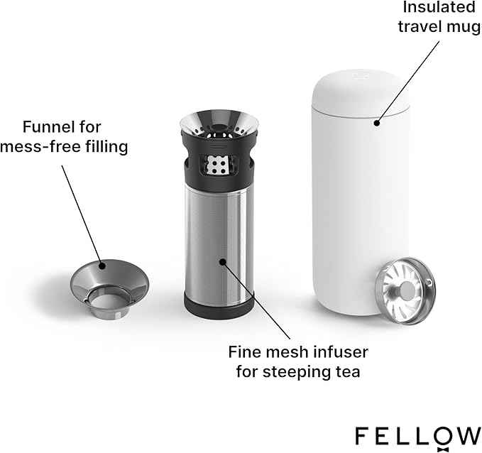 Fellow Carter Tea + Cold Brew Infuser & Carter Move 16 oz Tumbler Set - Steep Tea On-The-Go - Vacuum-Insulated Stainless Steel Travel Mug w/Snap-In Infuser For Steeping Tea, Cold Brew, Matte White