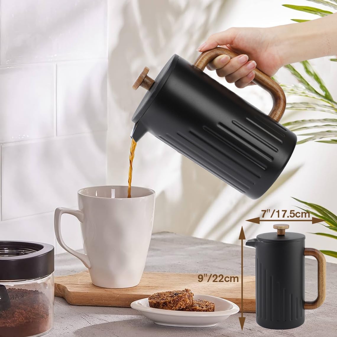 Rorence 34oz French Press Coffee Maker, Coffee Press with Real Wood Handle & Plunger Head, Double Wall Insulation & Dual-Filter Screen, incl. replaced filters & instructions, Black - Blissbrew