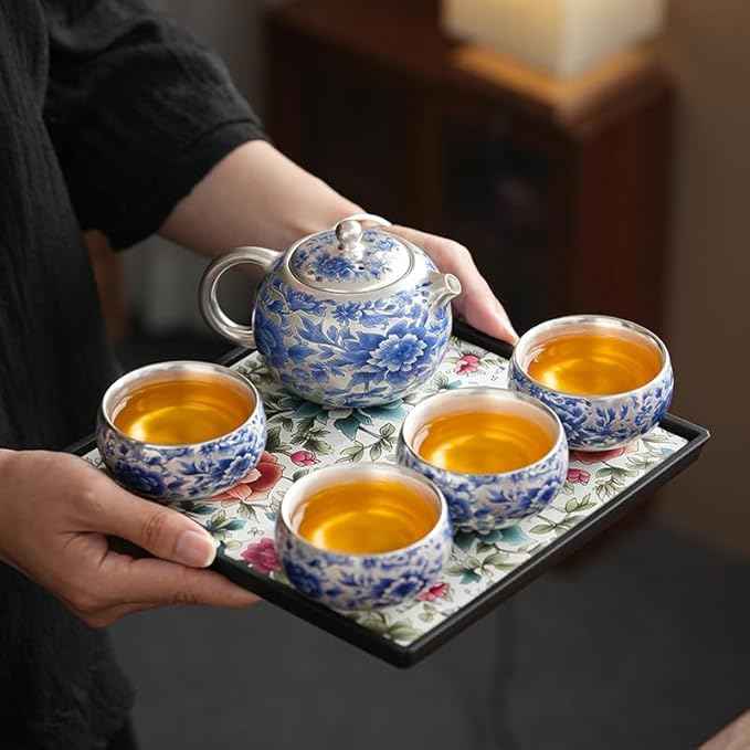 One Silver-Plated Teapot with Two Cups and Four Cups Blue-and-White Peony Xi Shi Teapot Gift Set 鎏银 青花牡丹西施茶壶 (Blue-and-White Peony Xi Shi Teapot with Two Cups Gift Set)
