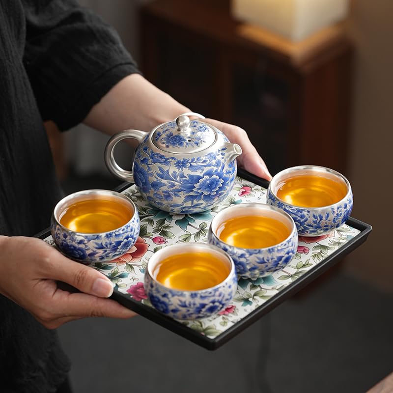 One Silver Plated Teapot with Two Cups and Four Cups Blue
