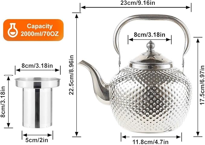 SANQIAHOME 2000ml Teapot with Infuser Stainless Steel Lifting Handle Tea Maker Silver