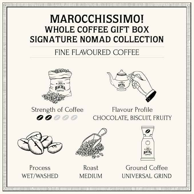 Bacha Coffee | Marocchissimo! Fine Flavoured, Whole Beans, Medium Roast, 100% Arabica Specialty Coffee, 250g Signature Nomad Collection, Gift Box
