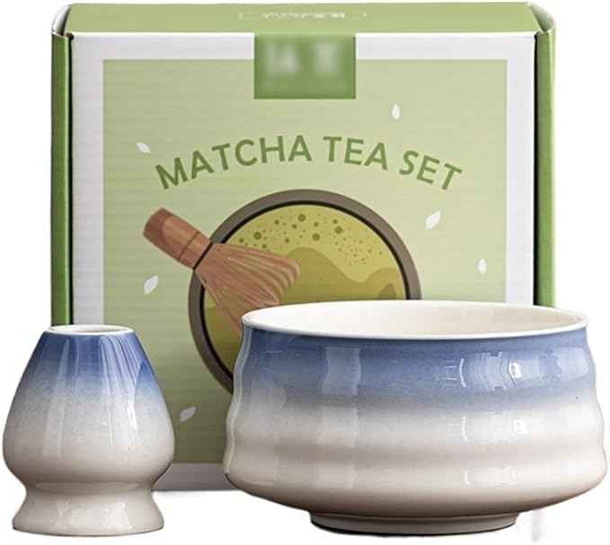 Ceramic Matcha Kit for Breakfast Afternoon Tea Contains Bowl Tea Brush Stand, Visiting Gifts Matcha Bowl Set Entertaining Guests Negotiating Business(Blue)