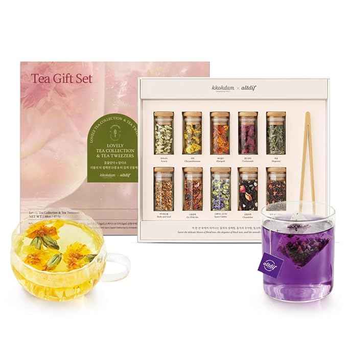 KKOKDAM Premium 10-Tea Sampler Gift Set with Wooden Tweezers – 5 Blooming Flower & 5 Blended Loose Leaf Teas – Unique Korean Gift Box for Women, Mom & Tea Lovers – 1.68oz Variety Pack
