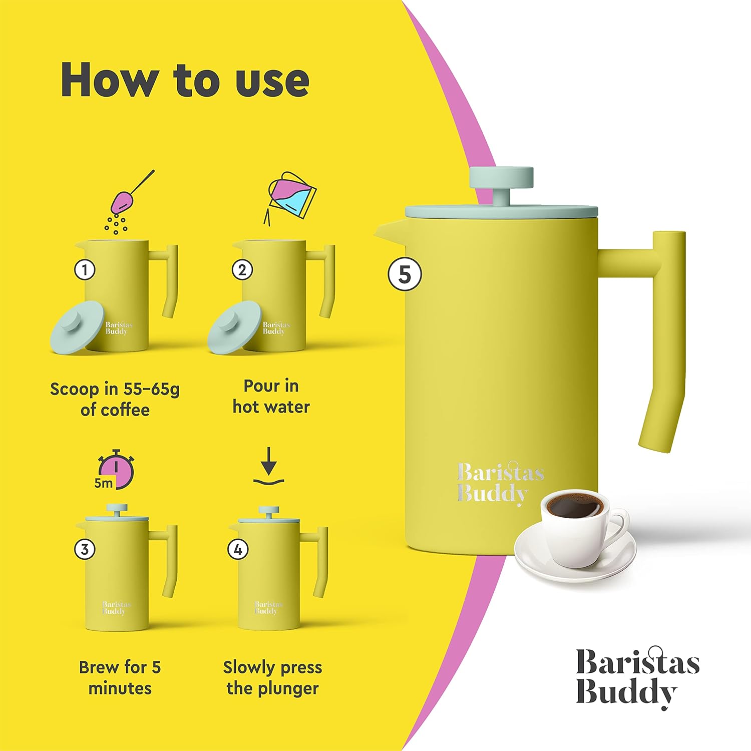 Yellow French Press Coffee Maker - Colorful, Retro And Stylish Insulated Coffee Brewer - Large Size Brews 4 Cups - Blissbrew