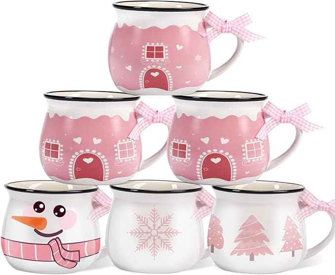 Jinei Set of 6 Christmas Coffee Mugs Gift, 12 oz Hot Cocoa Ceramic Cup for Holiday Milk Tea Mugs Coffee Bar Decoration Christmas Gift for Mom Woman Family Friend(Pink,Snow House)