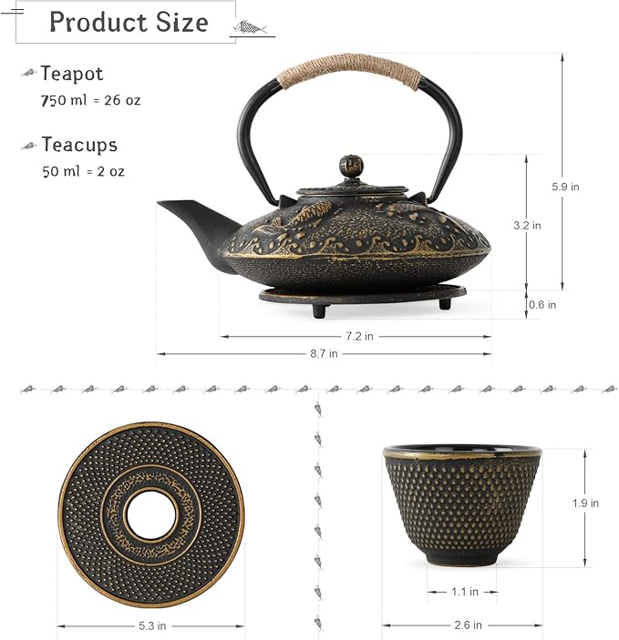 Ufine Koi Fish Cast Iron Teapot Set Stove Top Tea Kettle with 4 Cups Japanese Style Tetsubin Tea Gift Set, 26 oz with Stainless Steel Infuser