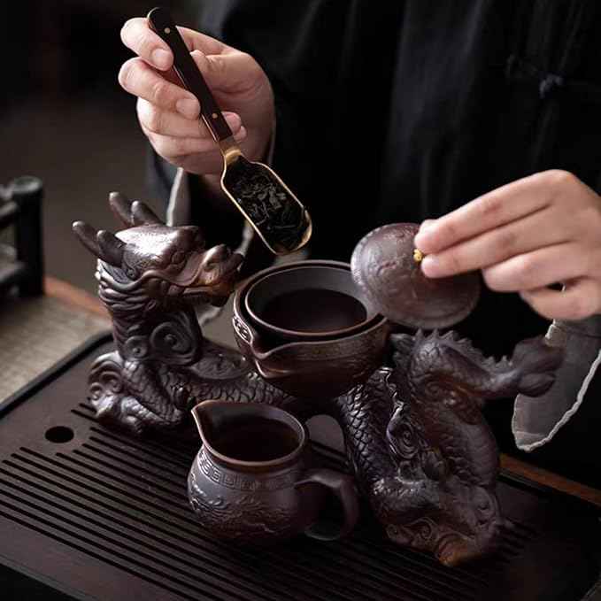 Chinese Gongfu Tea Set - Ceramic 360 Rotating teapot with Infuser, 8Cups, Semi Automatic Dragon Design for Loose Leaf Tea (Gift Box Set)