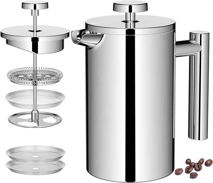 Miuly 21 oz Stainless Steel French Press 600ML Coffee Press with 3 Level Filtration System, Double Wall Insulated French Press with 2 Filters for Home or Office, Silver