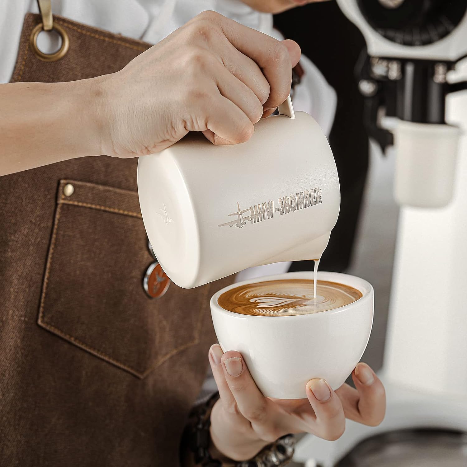 MHW-3BOMBER Latte Art Pitcher Stainless Steel Milk Frothing Pitcher Steamed Espresso Cup Barista Pitcher (Cream White, 16.9oz/500ml) P5020W-OS