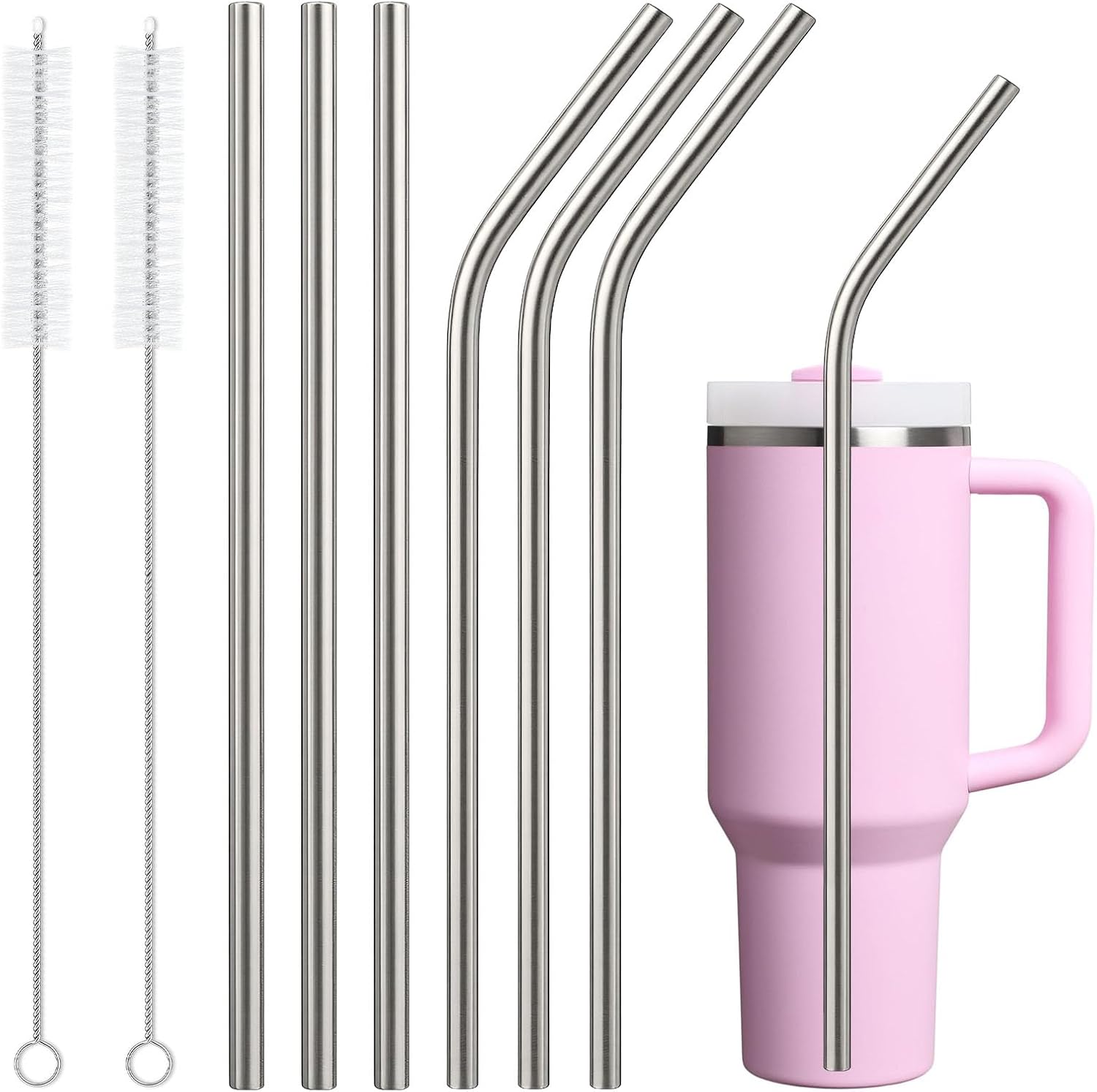 6 Pack Stainless Steel Straw Replacement for Stanley 40 oz 30 oz Tumbler,3 Straight + 3 Curved BPA Free Reusable Metal Straws with Cleaning Brush, 12Inch Long Drinking Reusable Accessories