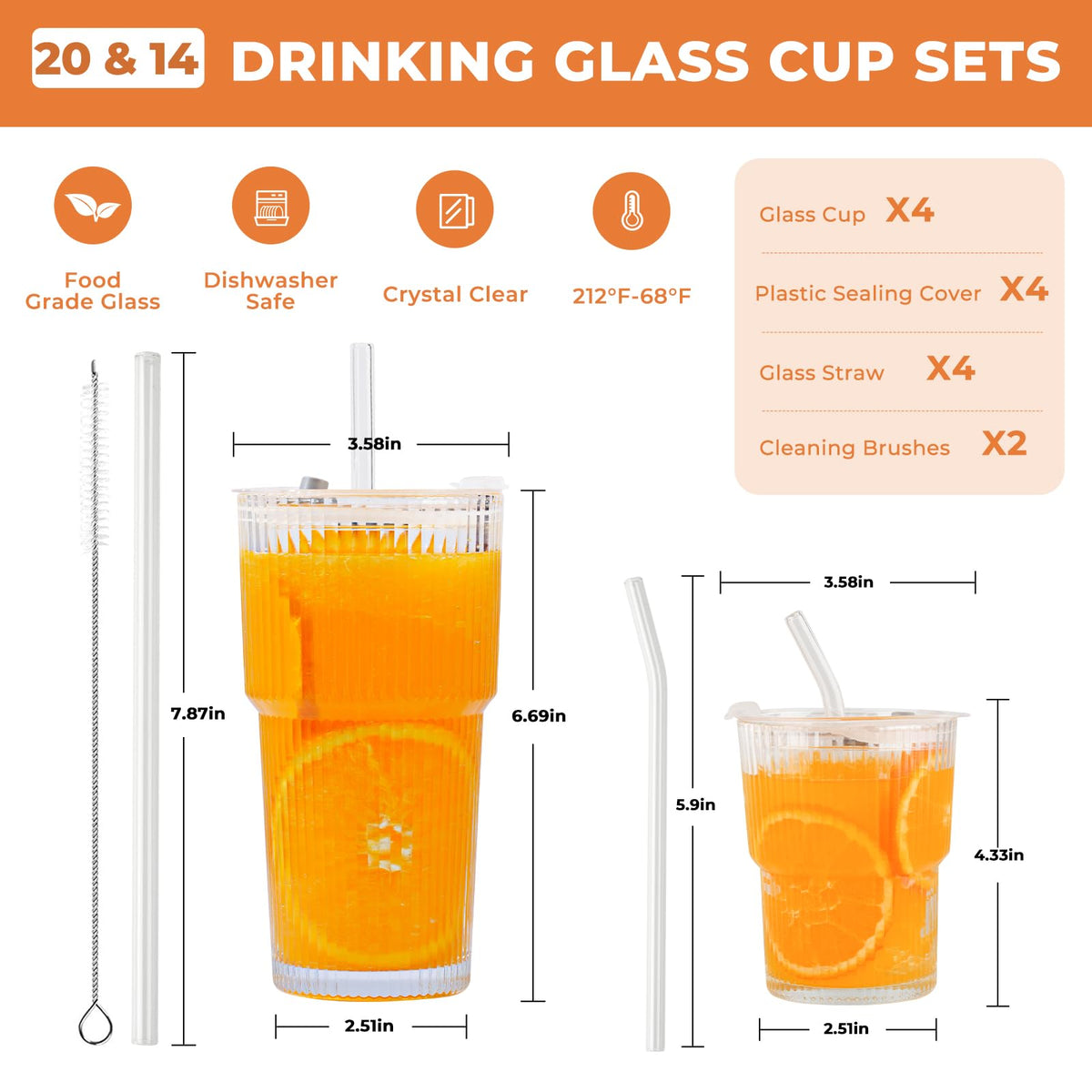 4 Pack 14&20 Oz Glass Cups with Lids and Straws Iced Coffee Cups Vintage Ribbed Glassware for Beer Ice Coffee Fruit Juice Elegant Aesthetic Cup Glass Iced Coffee Tumbler Include 2 Cleaning Brushes
