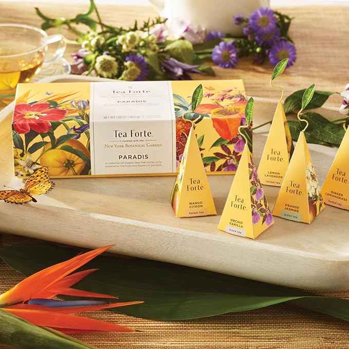 Tea Forte Paradis Petite Presentation Box Tea Gift Set Sampler, 10 Count, 2 of Each Variety Individually Wrapped Handcrafted Pyramid Infuser Bags