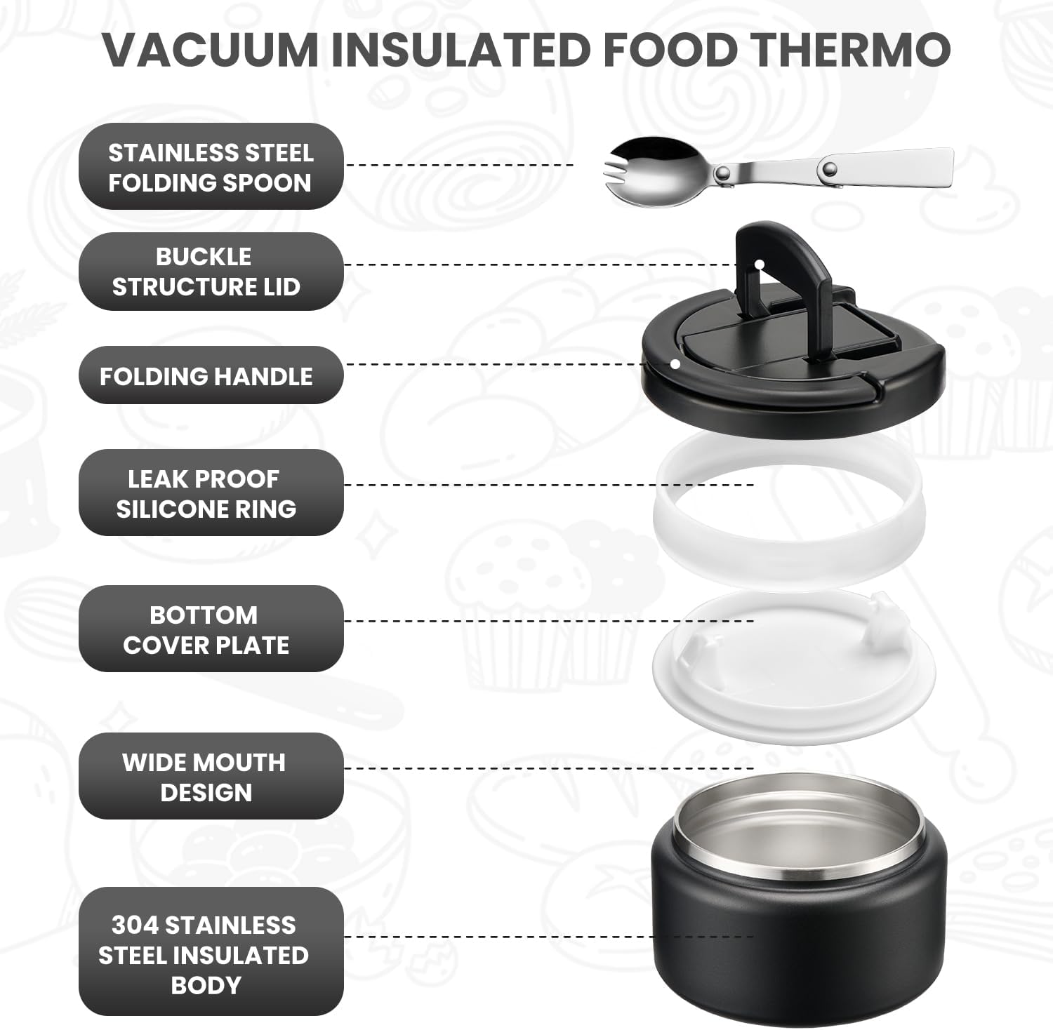 Soup Thermo for Hot Food Kids 13.5oz Lunch Containers with Buckle Lid Wide Mouth Hot Food Jar Vacuum Insulated Stainless Steel Bento Box Leakproof with Spoon(Black) - Blissbrew