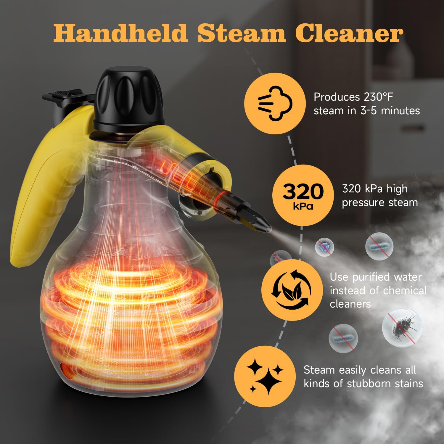 Steam Cleaner, Handheld Steam Cleaner, Steam Cleaner for Home with 16 Accessories and Automatic Steam Switch, Steamer for Cleaning Home, Living Room, Kitchen, Bathroom, Car (Yellow) - Blissbrew
