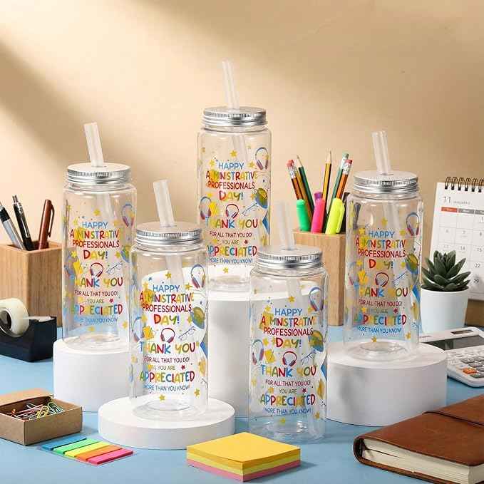 Vesici 24 Pcs Happy Administrative Professionals Day Gift 14. 2oz Thank You Gifts Lid and Straw Plastic Reusable Tumbler Bulk Cold Drinking Cup for Administrative Assistant Party Favors