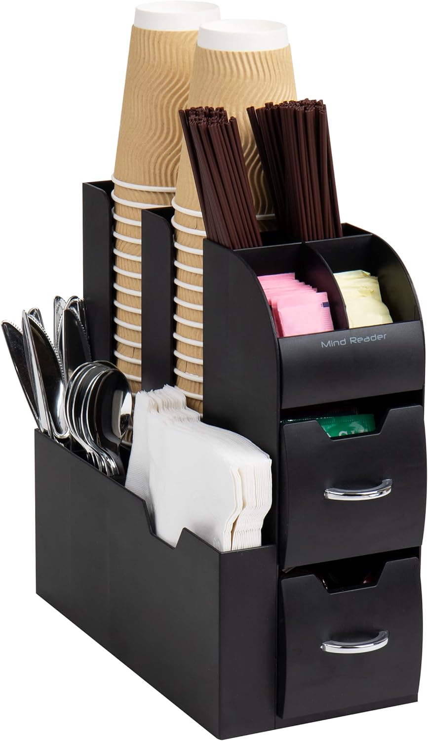 Mind Reader Cup and Condiment Station, Countertop Organizer, Coffee Bar, Kitchen, Stirrers, 5.35