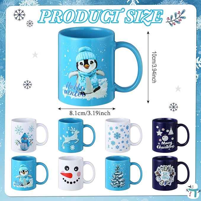 Maxdot 8 Pcs Winter Coffee Mugs 12 oz Christmas Coffee Mugs Set with Handle Ceramic Matching Mugs for Home School Office Table Centerpieces House Warming Holiday Party Gift