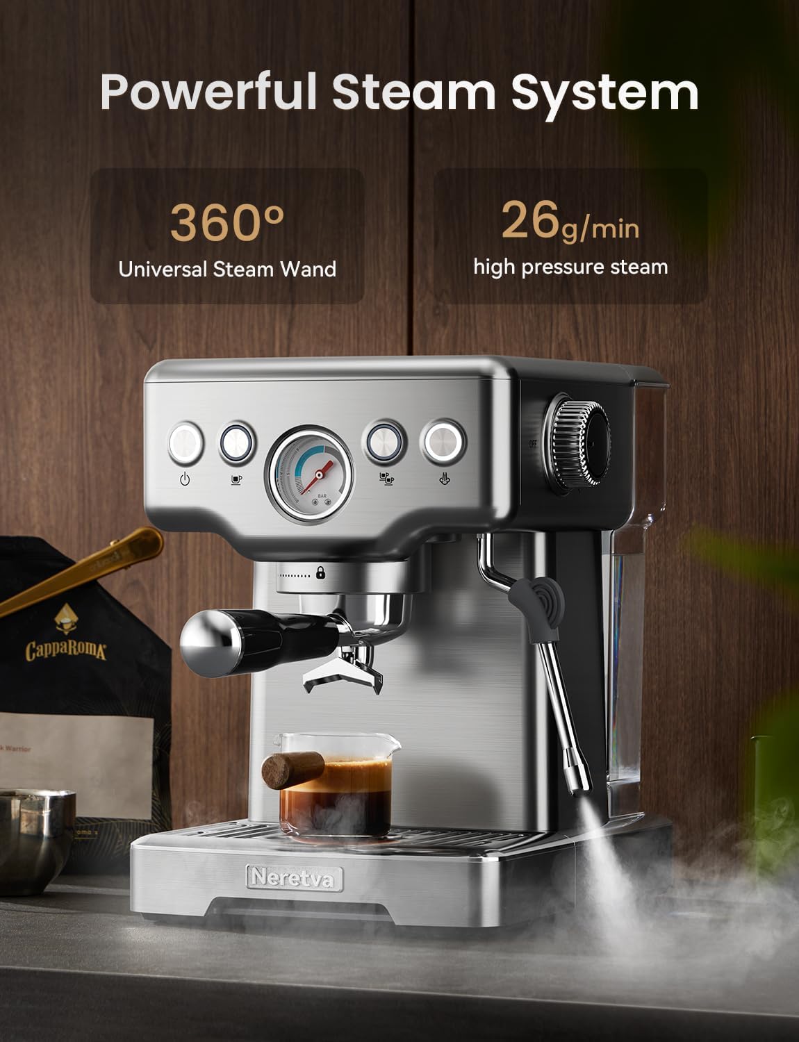 Neretva Espresso Machine, 15 Bar Espresso Coffee Machine with Visible Pressure Guage Professional Espresso Maker with Milk Frother & Stainless Steel for Home Barista Latte and Cappuccino Maker-Silver - Blissbrew