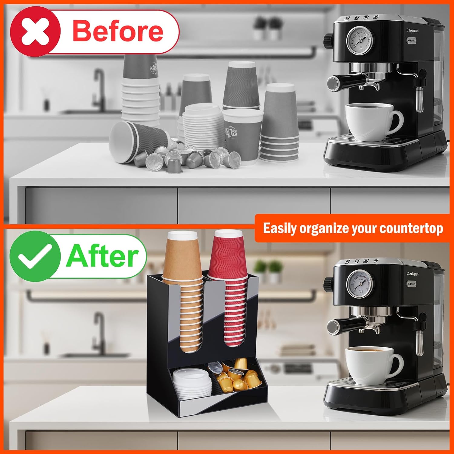 MYITYARD Coffee Station Organizer, 2-Tier Coffee Bar Accessories for Countertop, Acrylic Condiment and Cup Storage Organizer, 4 Compartments, Cup and Lid Holder for Pods, Syrup, Stirrer