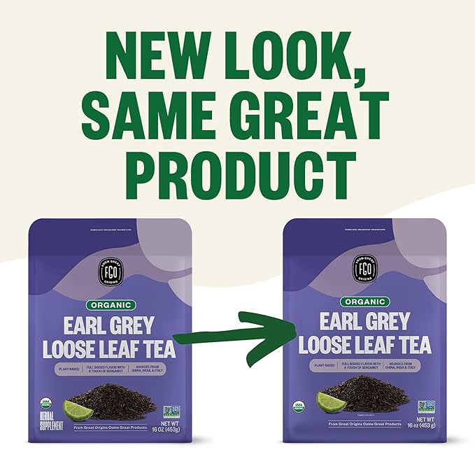 FGO Organic Earl Grey Black Tea, 16 Ounce Loose Leaf Bulk Resealable Bag, 16oz, Packaging May Vary (Pack of 1)
