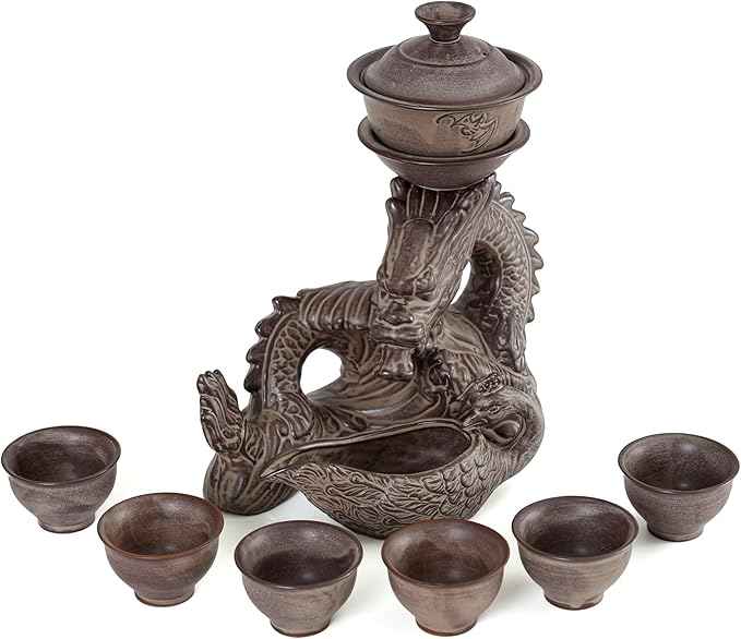 fanquare Semi Auto Kungfu Tea Set, Handmade Chinese Dragon Ceramic Tea Set Gift Box, 9 Piece Lazy Gongfu Tea Set for 6, Rotating Gaiwan, Infuser,Fair Cup, Grey
