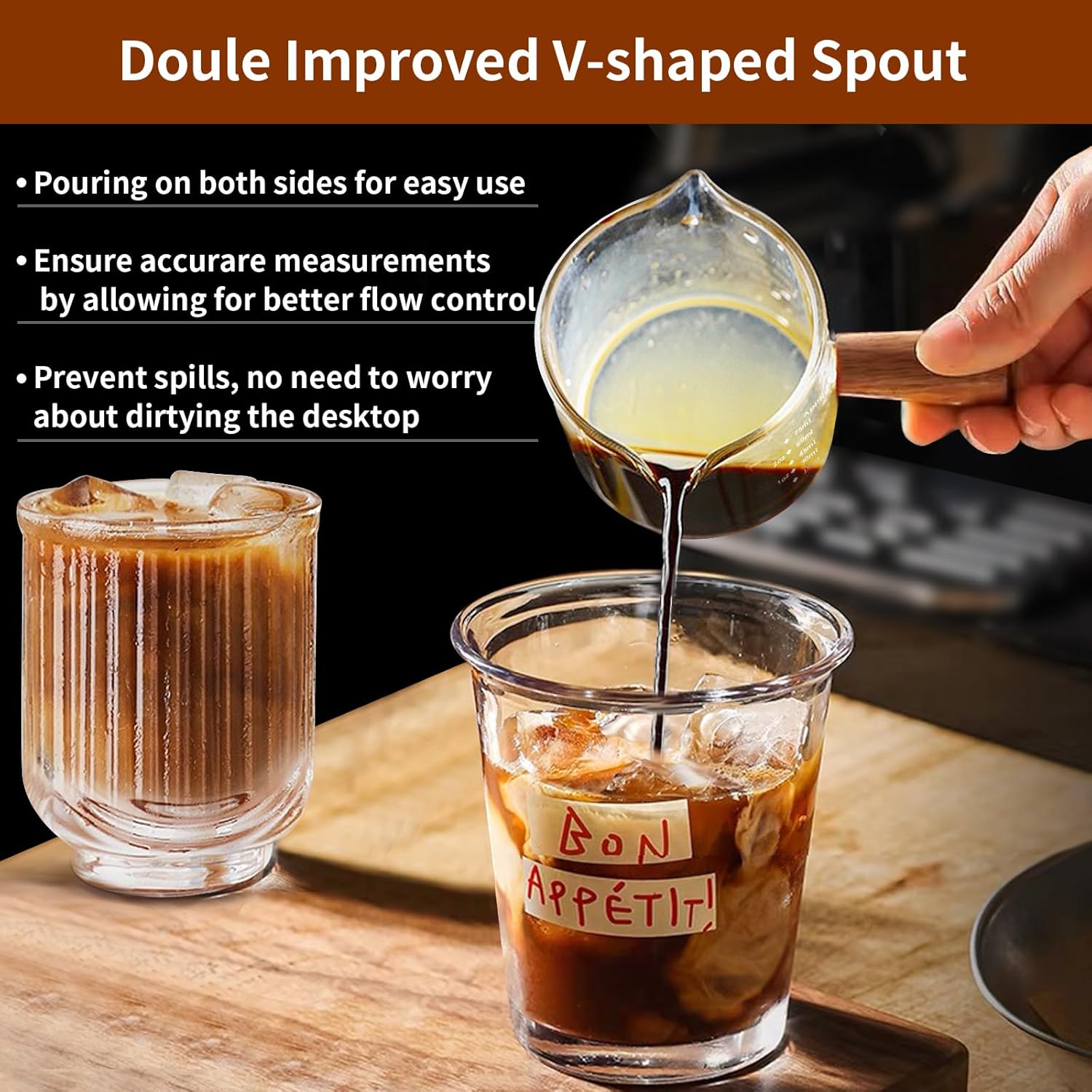 YARRAMATE 3.4oz Espresso Cups with Wood Handle, Clear Glass Espresso Accessories, Double Spout Measuring Cup with Dual Scale, Espresso Shot Glass with V-Shaped Spout