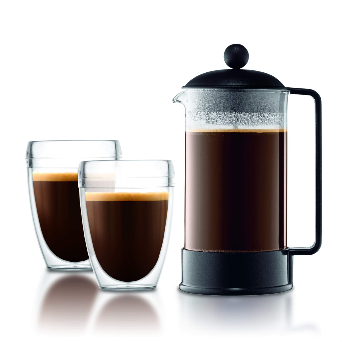 Red French press made for brewing ground coffee