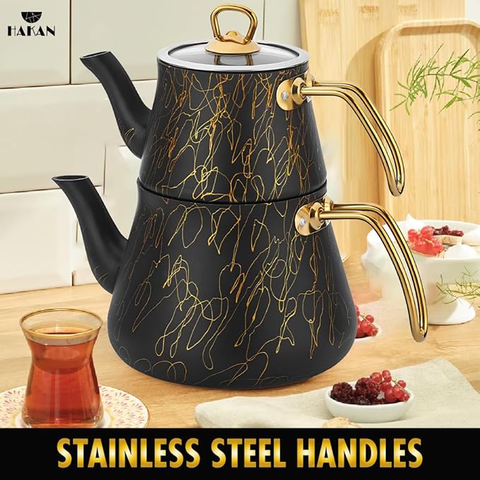 Hakan Black & Gold Avangarde Granite Teapot Set | Keeps Heat, Stovetop Safe, Stainless Steel Handle | Turkish Black Tea Pots with Gold Detail Design | 42.3 oz Tea Pot with Lid + 93 oz (Gold Handles)
