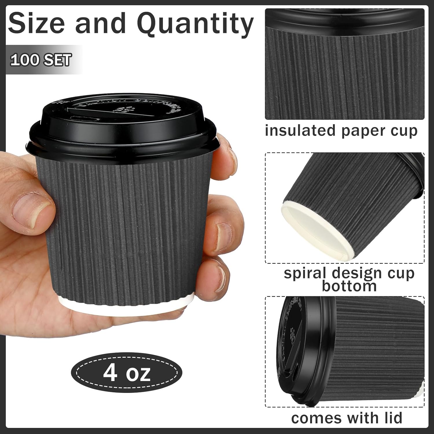 Uiifan 100 Set 4oz Disposable Espresso Cups with Lids Ripple Corrugated Paper Disposable Coffee Insulated Hot Ripple Cups for hot Chocolate, Tea, and Cocoa Drinks(Gray)