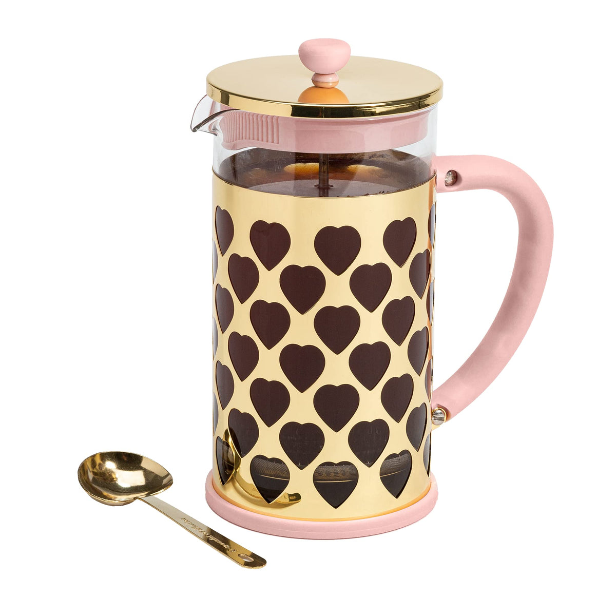 Pink and gold French press coffee maker with heart accents