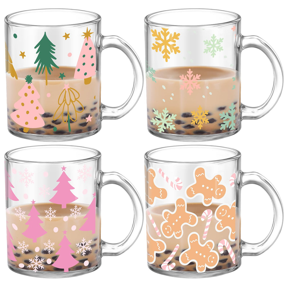 Set of 4 glass Christmas coffee mugs, 12 oz