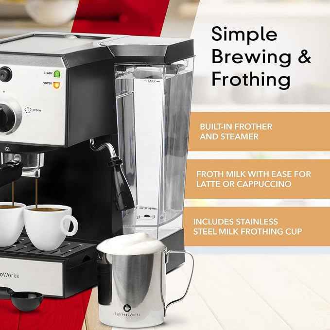 EspressoWorks All-In-One Espresso Machine with Milk Frother 7-Piece Set - Latte Maker Includes Grinder, Frothing Pitcher, Cups, Spoon and Tamper - Coffee Gifts (Stainless Steel)