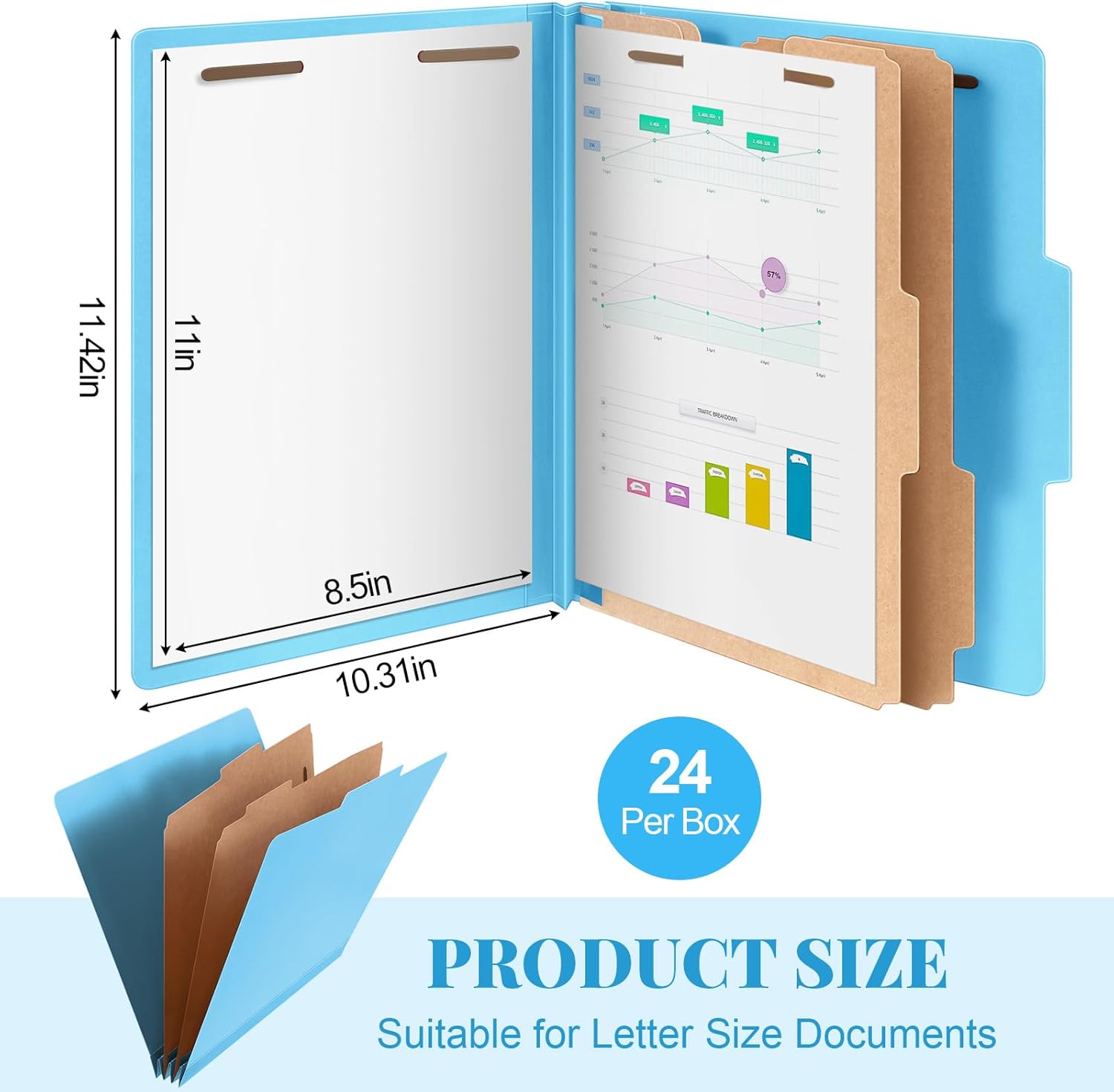 24 Pcs Classification Folders Letter Size Bulk - 2 Dividers Pressboard File Folder with 3. 5 Inch Expansion, 2 Prongs Fastener, Heavy Duty Office File Organizer for Teacher Medical (Blue)
