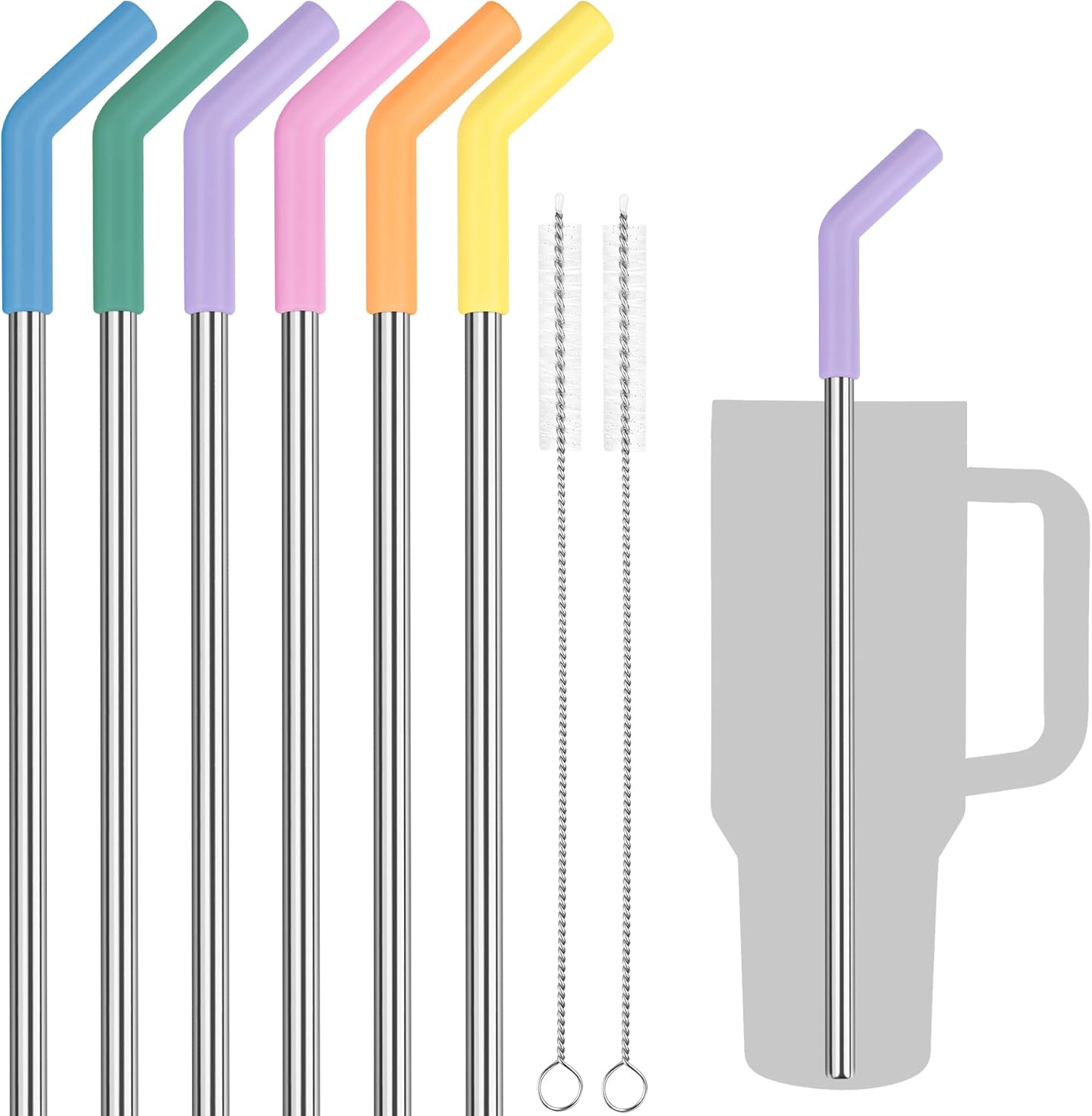 Tomorotec 6PCS Silicone Tip Stainless Steel Straws for 40oz Stanley Tumblers with 2 Cleaning Brushes, 13