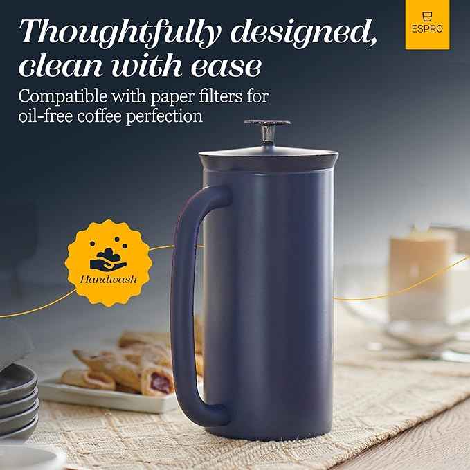 ESPRO P7 French Press Stainless Steel 304 – Patented Double Walled Micro-Filter Insulated French Press Coffee Maker, Grit-Free Brew - Heat Resistant BPA Free - Aegean Blue (32oz)