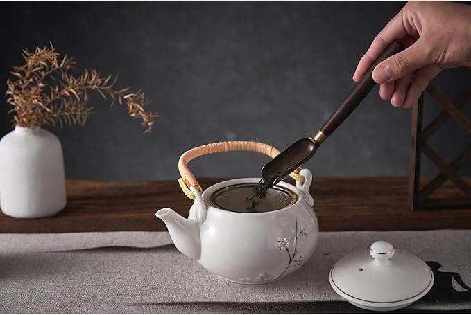 DUJUST Japanese Tea Pot, White Porcelain Chinese Teapot with Stainless Infuser, Cute Tea Pot for Adults, Tea Lover/Women/Men (Plum in Golden)