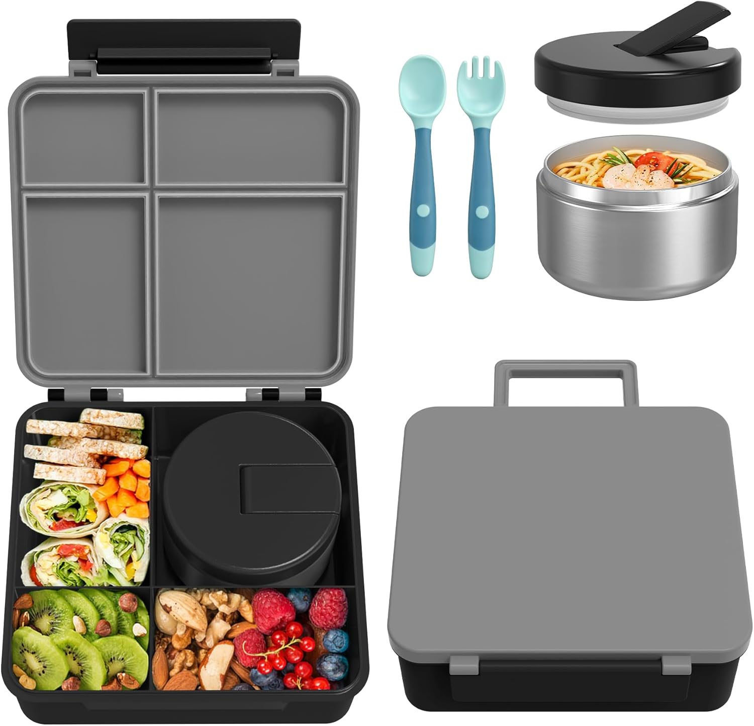 Bento Lunch Box with 8oz Soup Thermo, Kids Leakproof Lunch Food Containers with 4 Compartment, Kids Thermo Insulated Hot Food Jar for School, Trvael (Grey) - Blissbrew