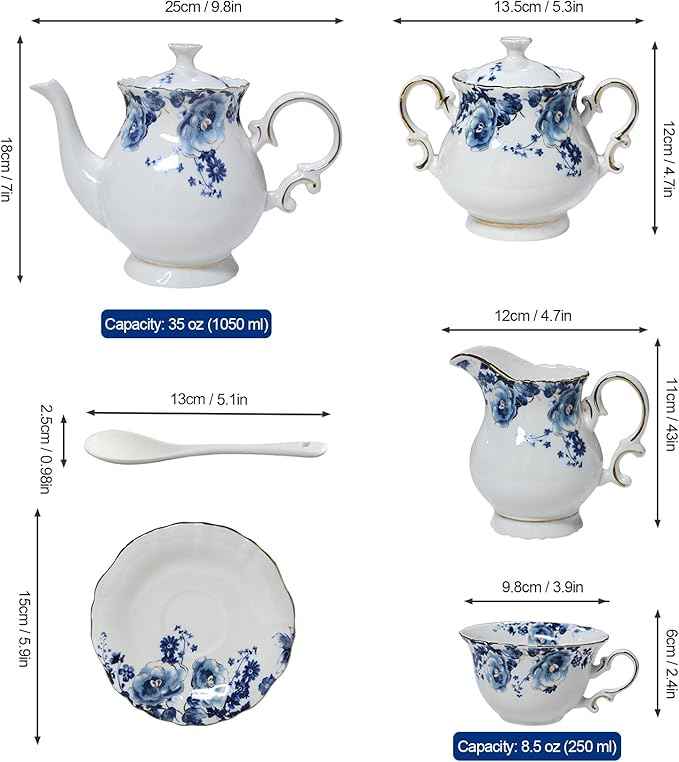 21-Piece Bone China Tea Set for Adults, Blue and White Porcelain Tea Set for 6, Vintage Floral Tea Cup Set With Teapot, Tea Party Sets for Women Gift，Gift Box