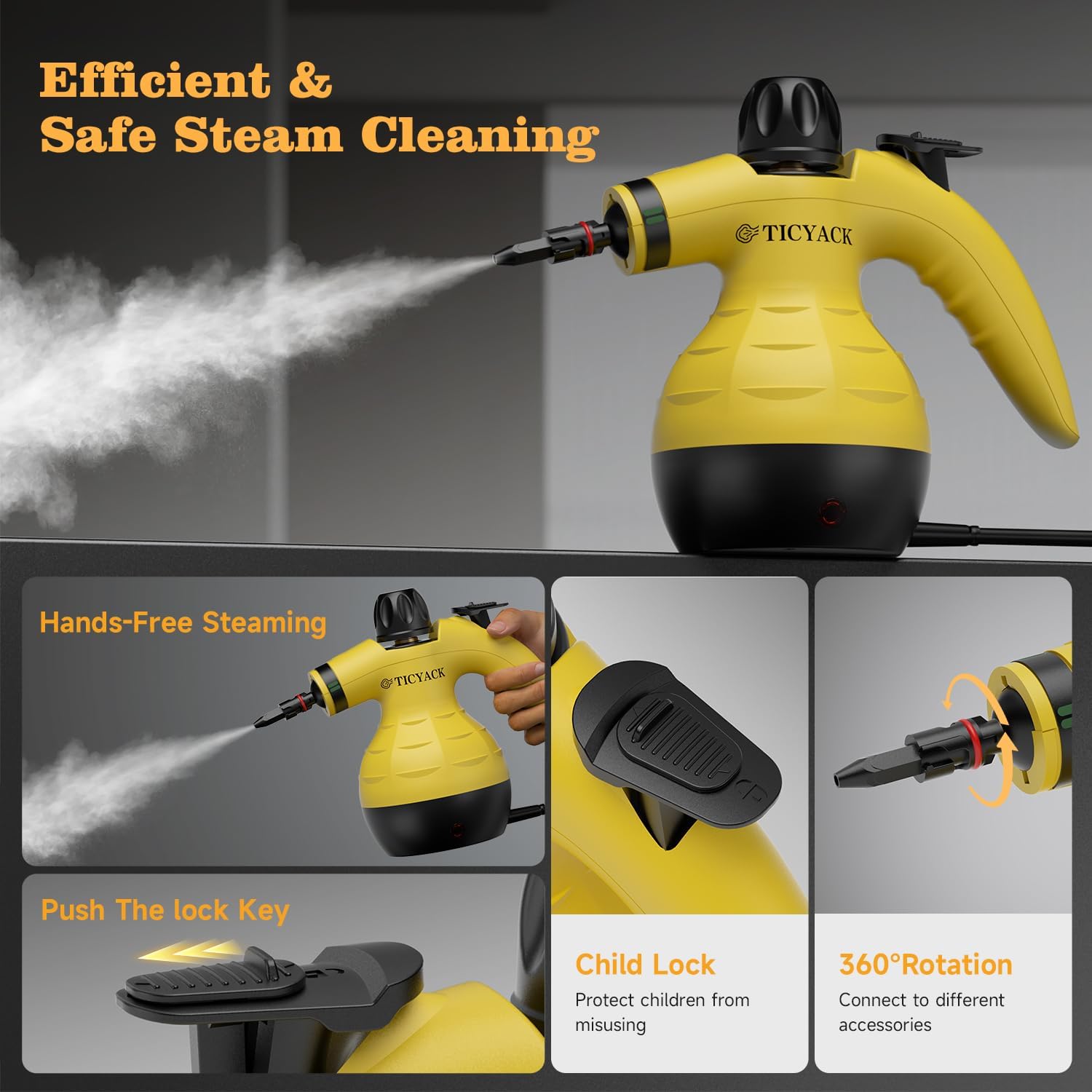 Steam Cleaner, Handheld Steam Cleaner, Steam Cleaner for Home with 16 Accessories and Automatic Steam Switch, Steamer for Cleaning Home, Living Room, Kitchen, Bathroom, Car (Yellow) - Blissbrew