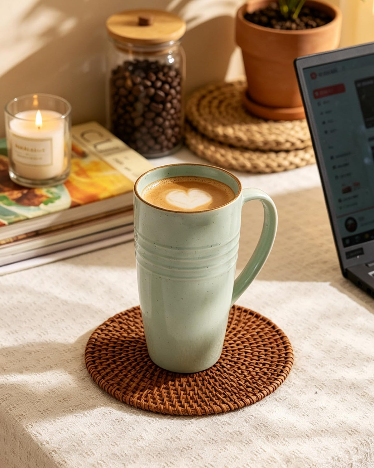 Stoneware coffee mug with ergonomic handle