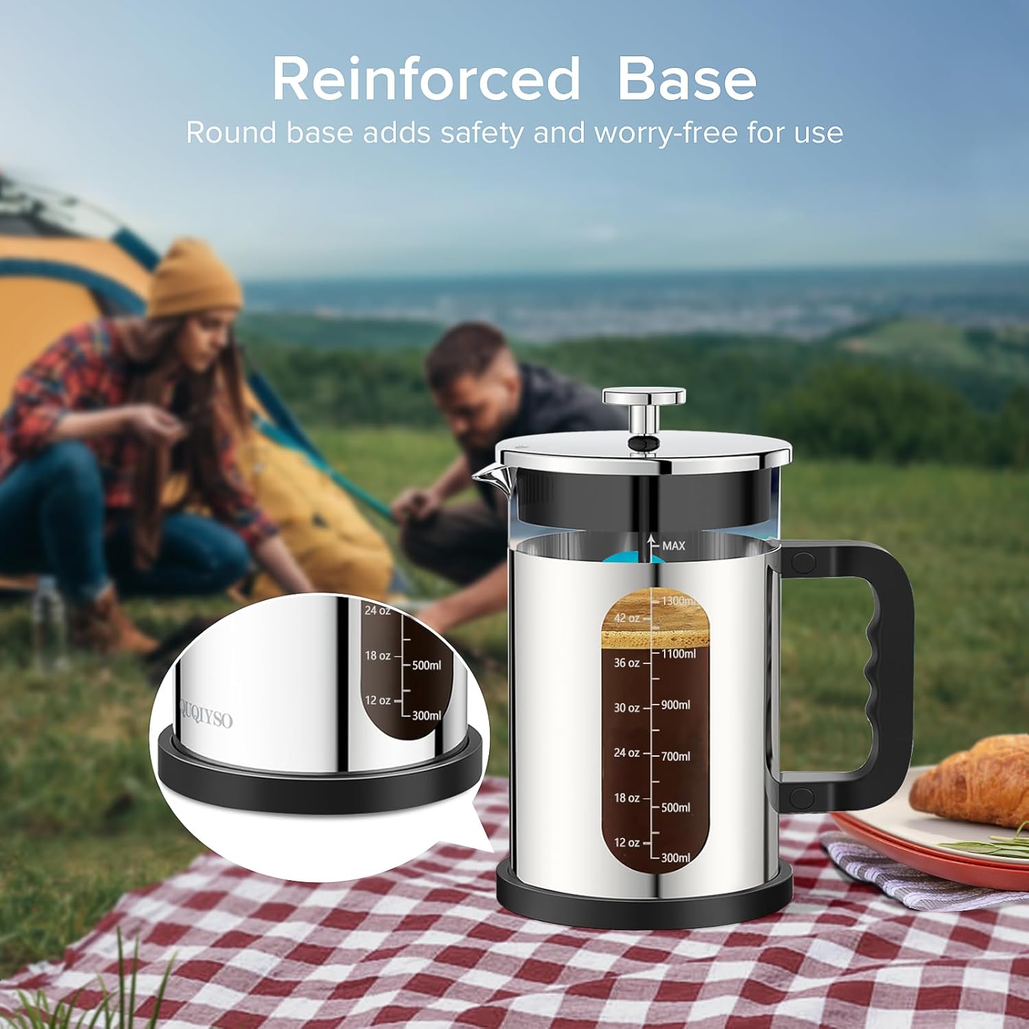 QUQIYSO French Press Coffee Maker 51oz 304 Stainless Steel French Press with 4 Filter, Borosilicate Glass Coffee Press - Blissbrew